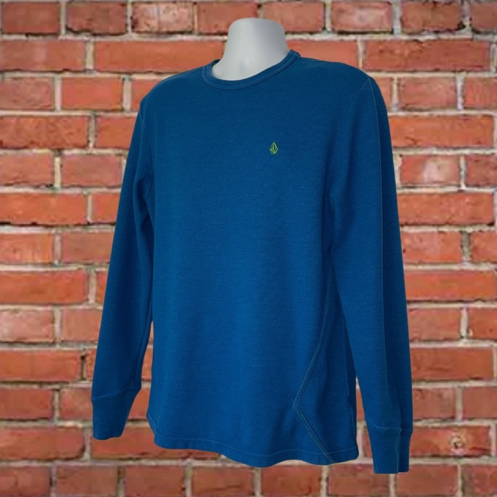 Volcom Men’s Large Blue Thermal Waffle Knit Long Sleeve Shirt Green Logo Skate